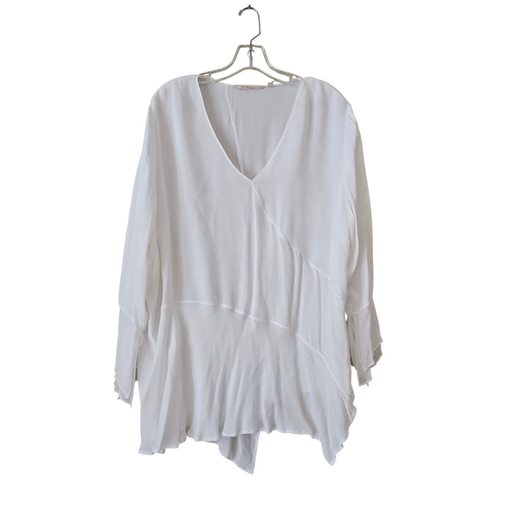 Soft Surroundings White Asymmetrical Ruffle Cuff Viscose Blouse 2X Bohemian